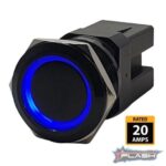 PLASHLIGHTS Marine Push Button Switch - Blue LED - 20a -Black Anodized- Momentary