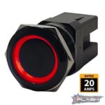 PLASHLIGHTS Marine Push Button Switch - Red LED - 20a - Black Anodized-Momentary