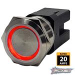 PLASHLIGHTS Marine Push Button Switch - Red LED - 20a - Stainless Steel - Momentary