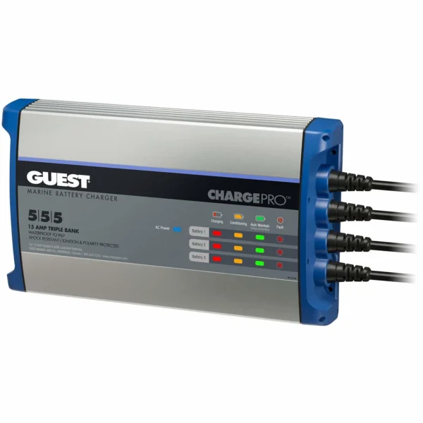 ChargePro Onboard Waterproof Marine Battery Charger with Ignition and Reverse Polarity Protection, 15 Amp, 12V, 3-Bank